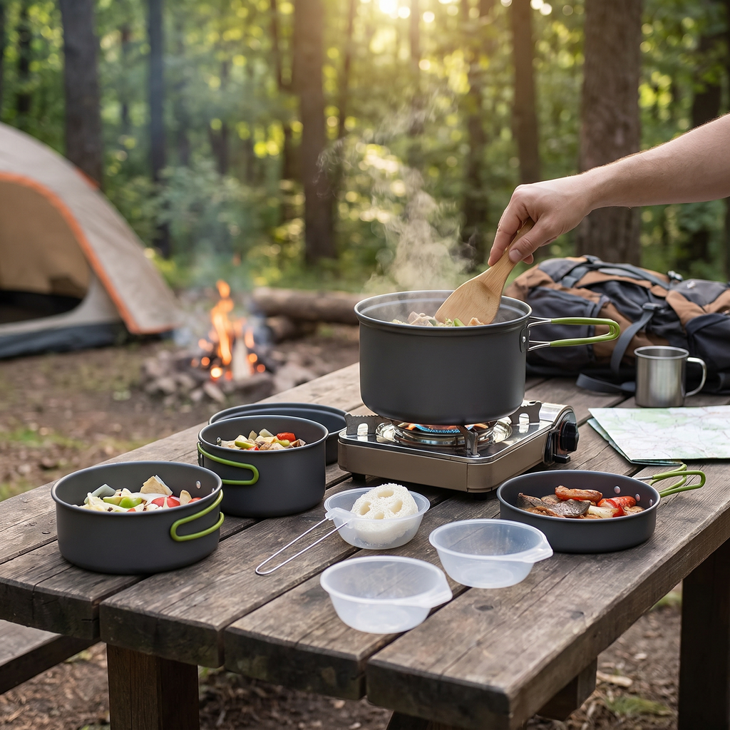 Outdoor Portable Cookware Camping Hiking Picnic Non-stick Cooking Pan Pot Bowl Set for 2-3 Person