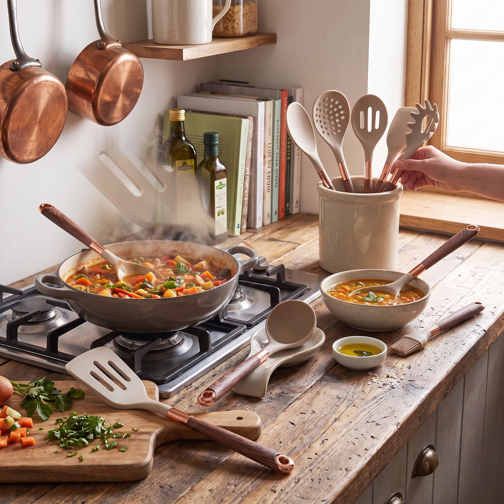 Silicone Kitchenware Set With Storage Seat Nonstick Pan