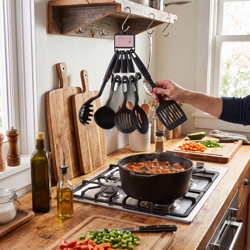 "7-Piece Black Nylon Kitchen Utensil Set – Heat-Resistant Cooking Tools (Ladle, Spatula, Slotted Spoons, Pasta Server)
